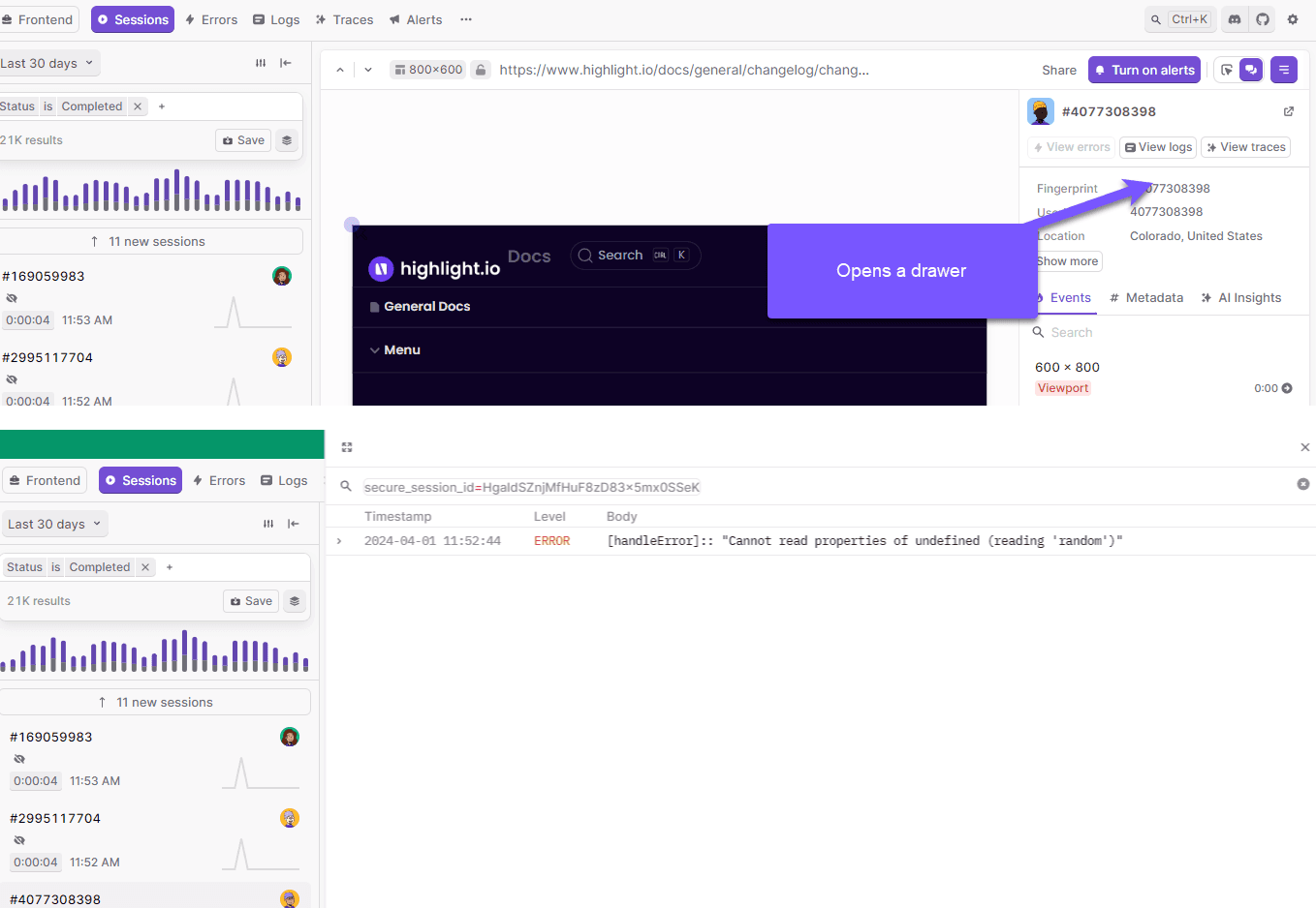 View Logs side panel